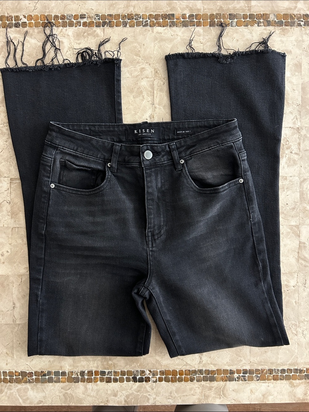 Risen Los Angeles Black High Rise Flare Raw Hem Jeans slit bottom legs Size 7/28 - Picture 5 of 12